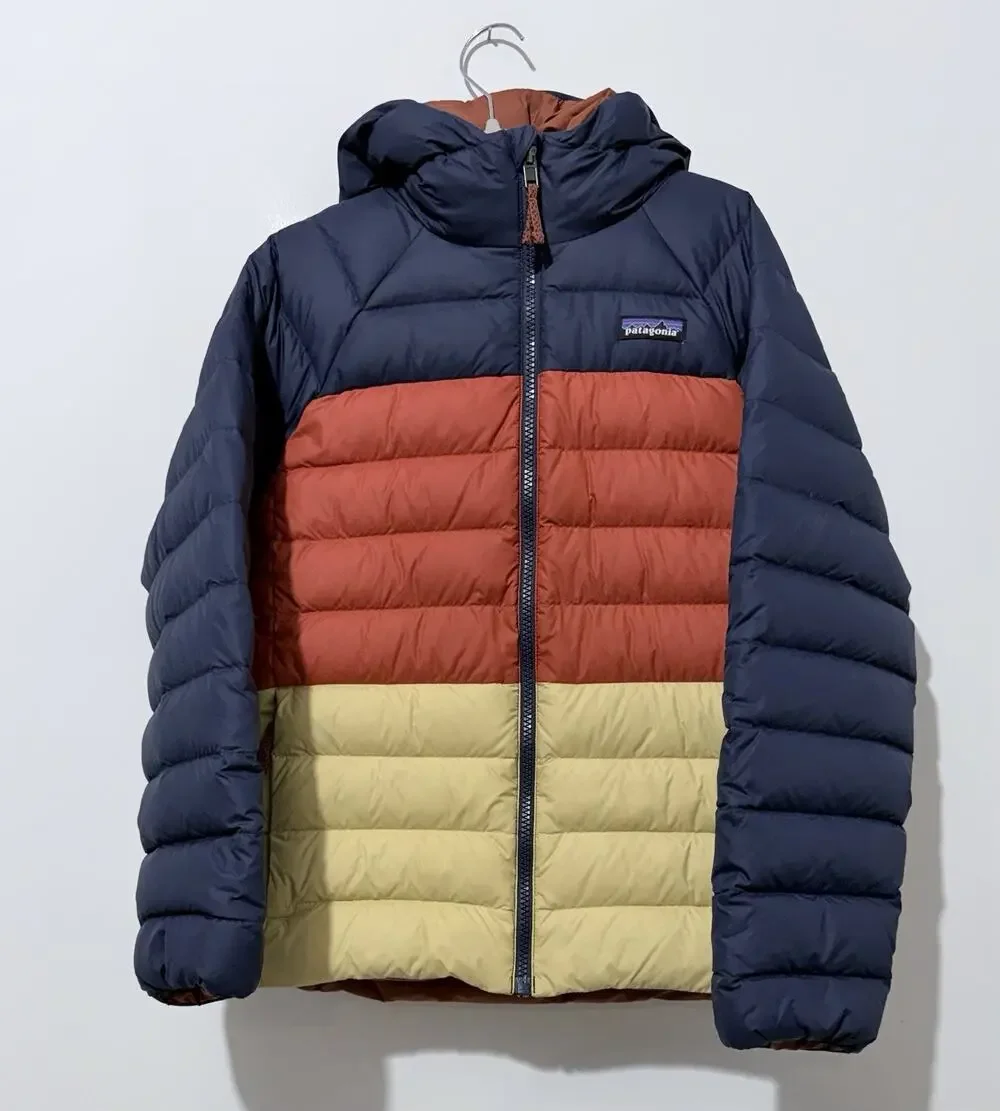 Patagonia Reversible Down Sweater Hoodie Boys Jacket M 10 Navy Brown Pockets